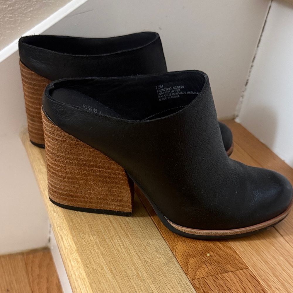 Kork-Ease Black Leather Mules with Tan Wooden Heel